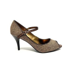 Vintage Y2K deadstock brown herringbone fabric open toe Mary Jane heels